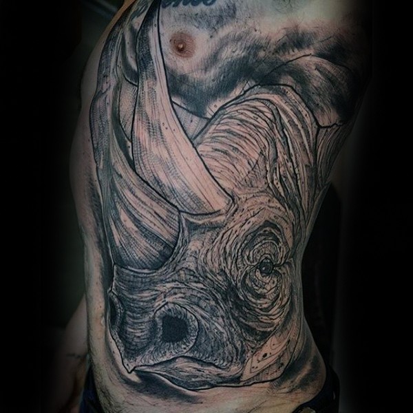 Vintage style black ink side tattoo of big rhino head