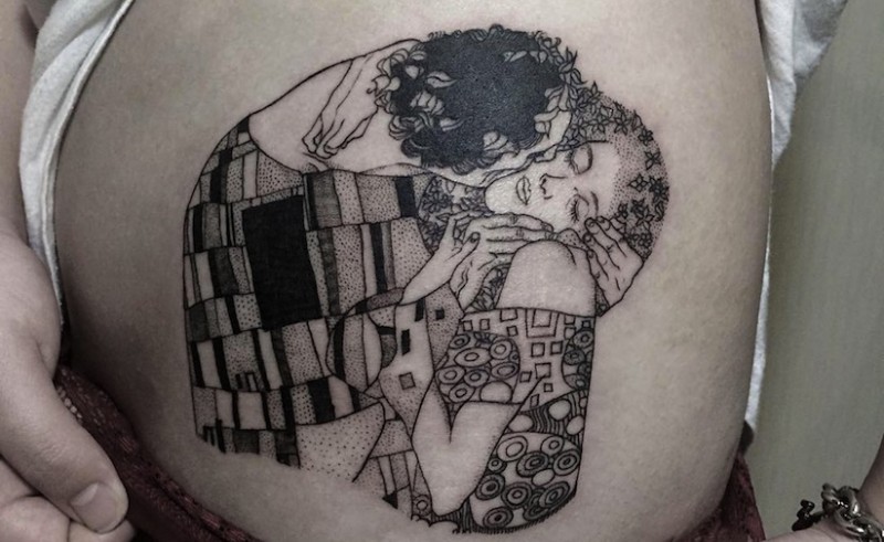 Vintage style black ink side tattoo of woman couple