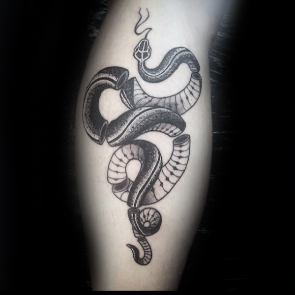 Vintage style black ink tattoo of ripped join or die snake