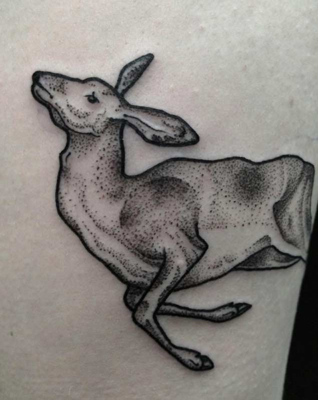 Vintage style black ink wild deer tattoo on thigh