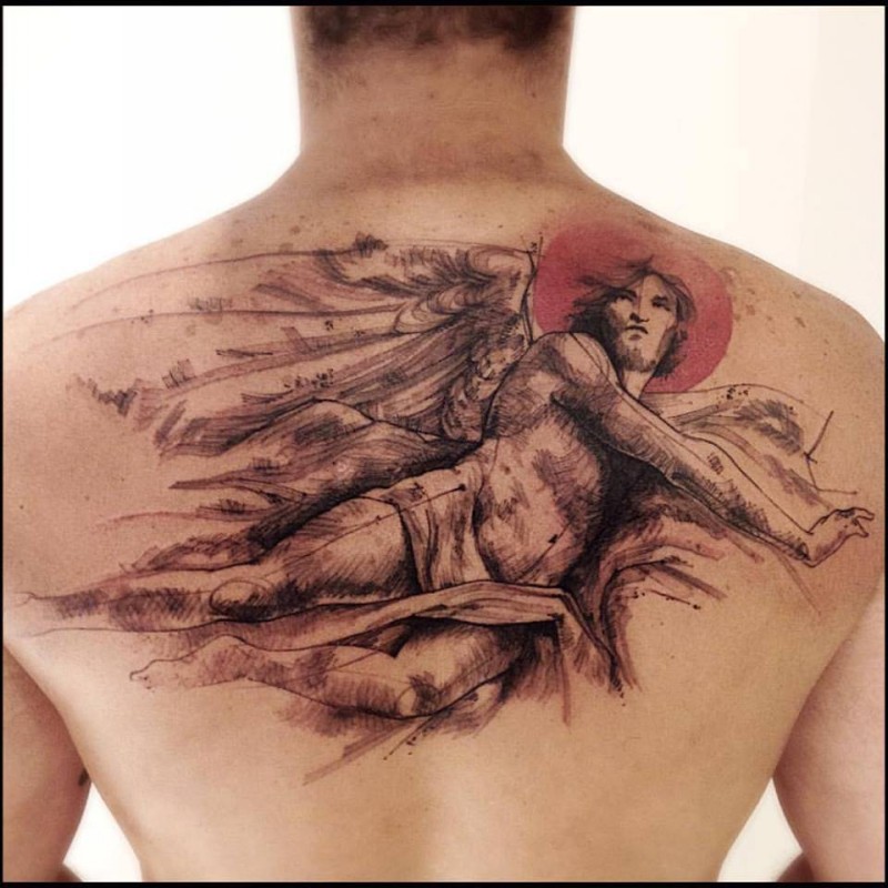Vintage style colored back tattoo of angel