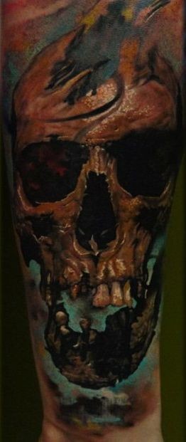 Vintage style colored corrupted human skull