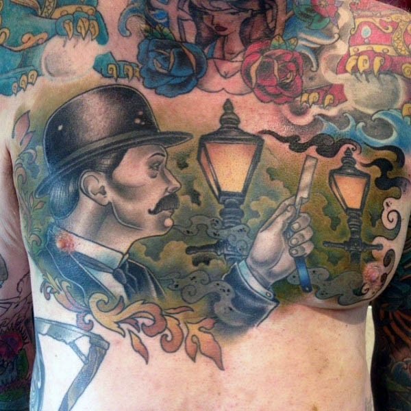 Vintage style colored gentleman with straight razor tattoo on chest