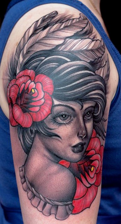 Vintage style colored large shoulder tattoo of beautiful woman portrait and red flowers