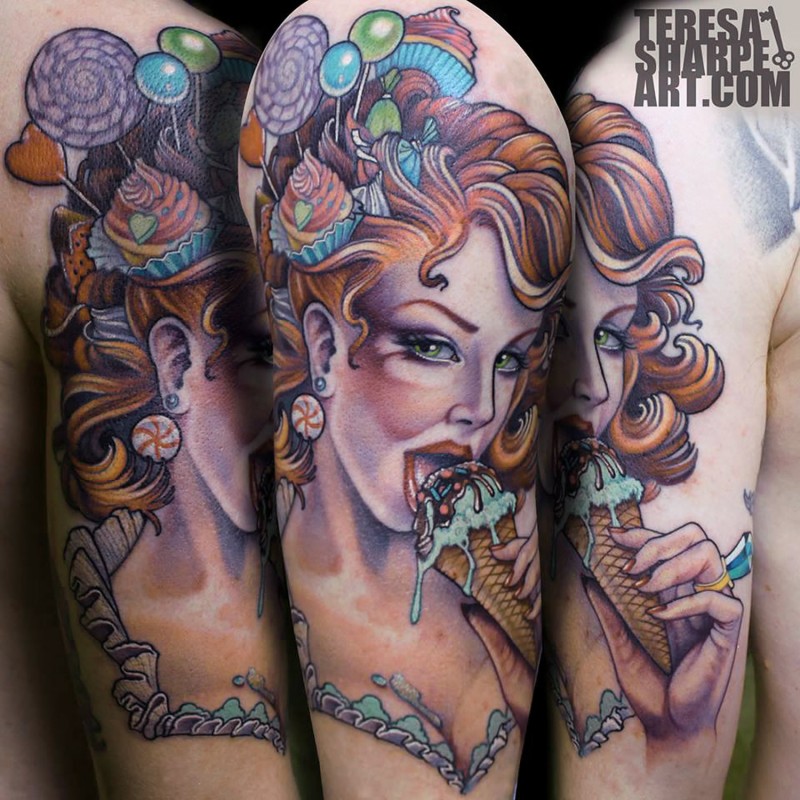 Vintage style colored seductive woman tattoo on shoulder with ice-cream and various lollypops