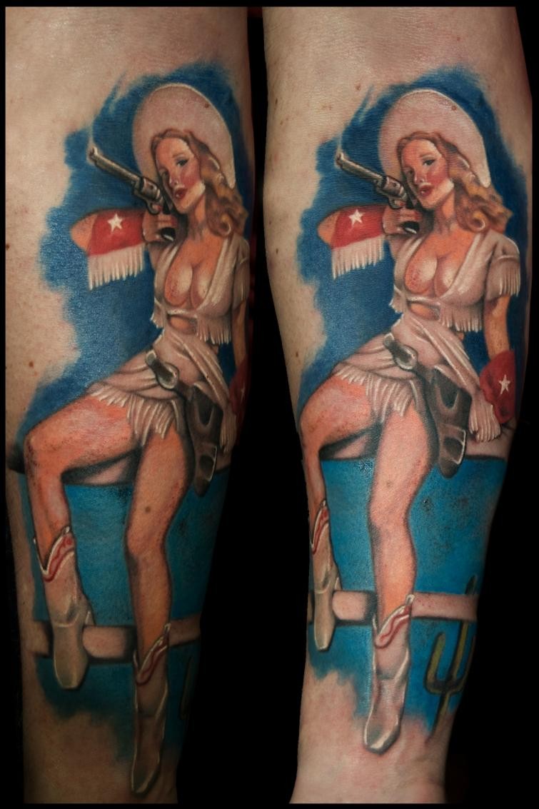 Vintage style colored sexy cow girl tattoo on leg