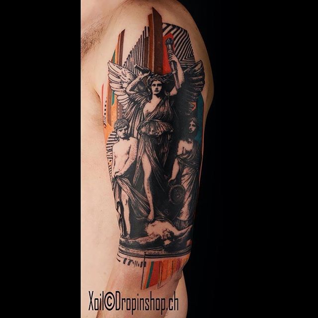 Vintage style colored shoulder tattoo of big stone statue