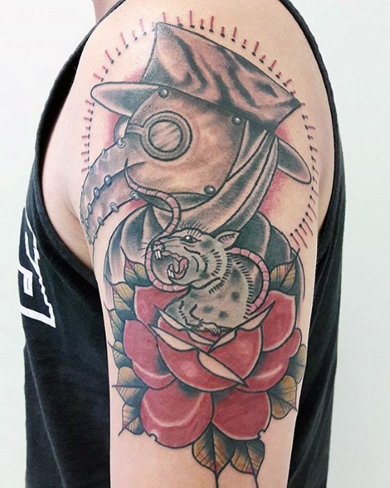 Vintage style colored shoulder tattoo of plague doctor with rose and rat