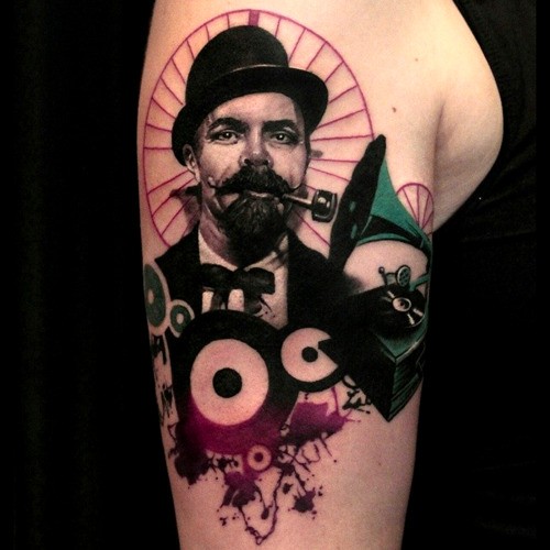 Vintage style colored shoulder tattoo of old man with gramophone