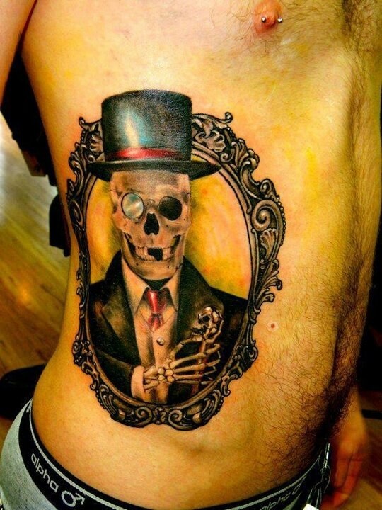 Vintage style colored side tattoo of creepy skeleton portrait