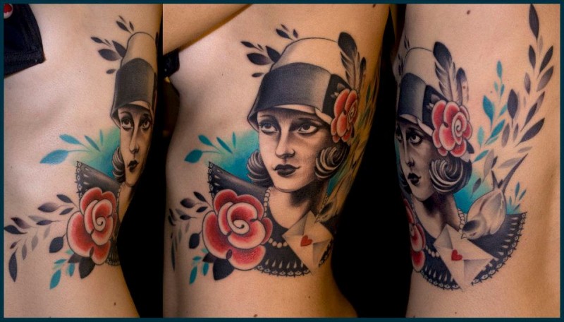 Vintage style colored side tattoo of woman portrait with red flowers and little bird