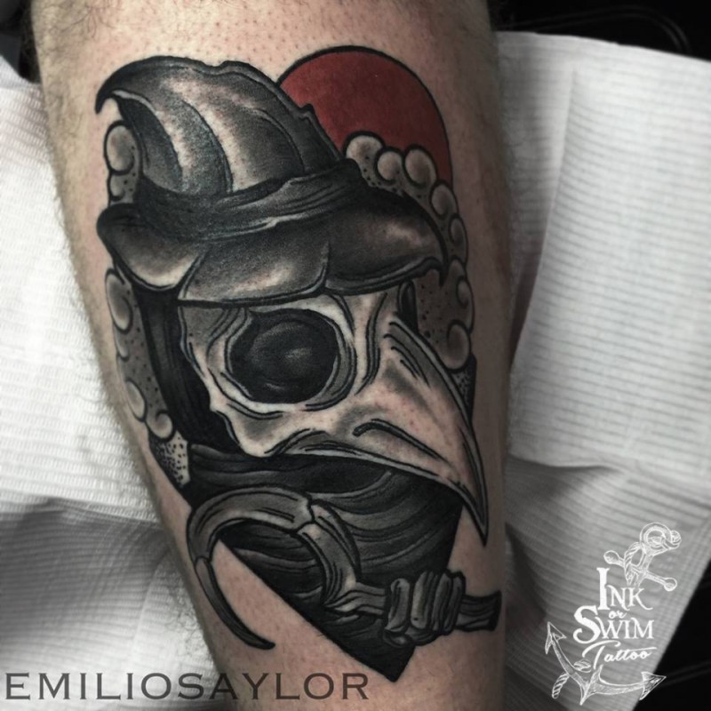 Vintage style colored tattoo of plague doctor portrait
