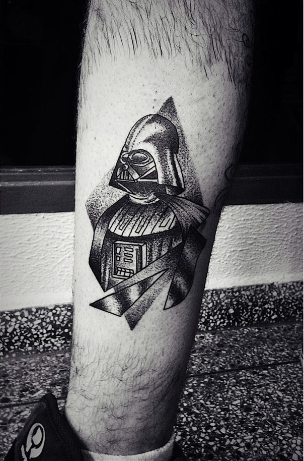 Vintage style colored usual Vader tattoo on leg
