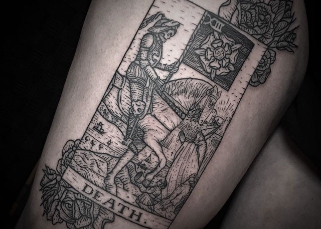 Vintage style dotwork tattoo of Death card