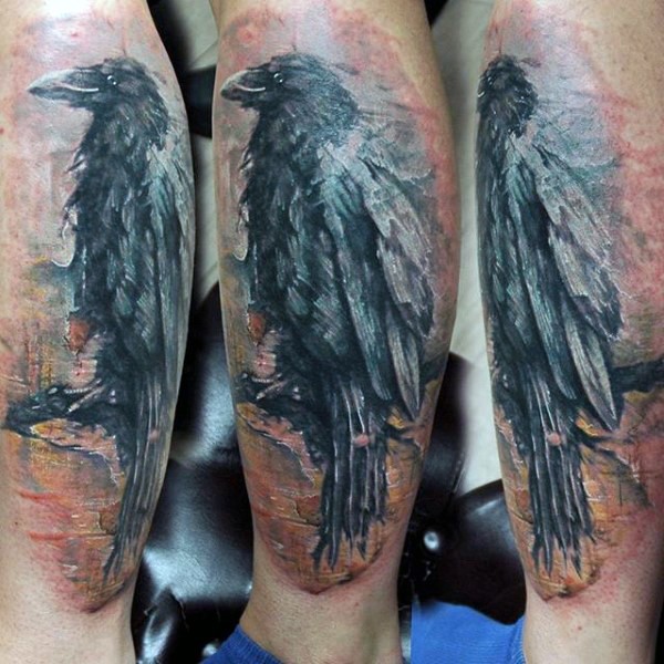 Vintage style painted colored crow tattoo on leg