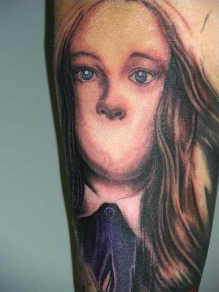Vintage style painted colored mystical girl without mouth tattoo