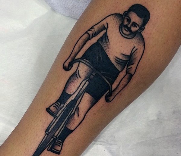 Vintage style simple black ink bicycle rider tattoo on leg