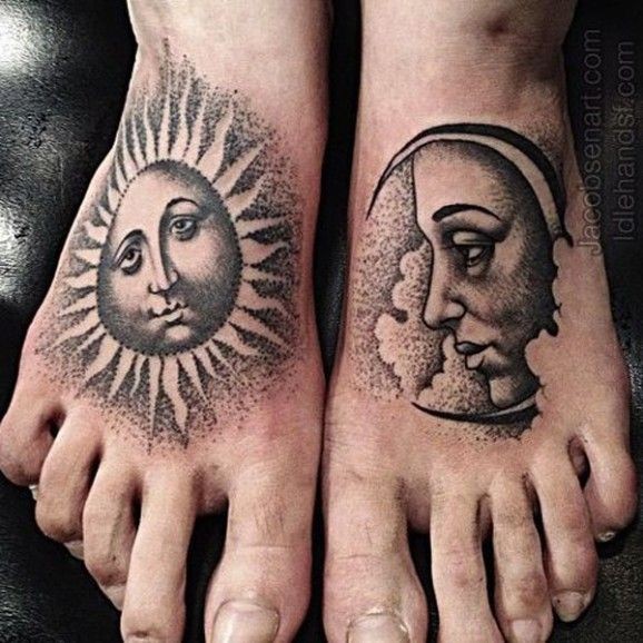 vintage sole e luna dotwork tatuaggio da Erik Jacobsen
