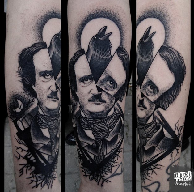 Vintage surrealism style man portrait tattoo with dark crow on arm