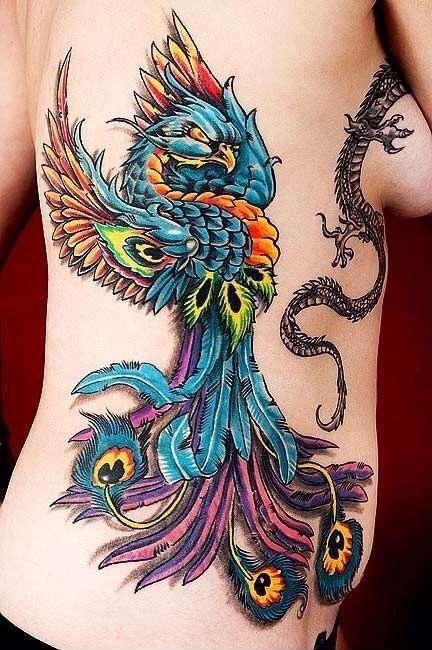 Vivid colors  phoenix tattoo on ribs