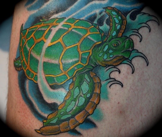 Vivid colors green turtle tattoo