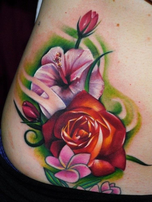 Vivid colors hibiscus and roses  tattoo
