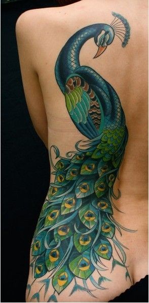 Vivid colors peacock tattoo on back for girls