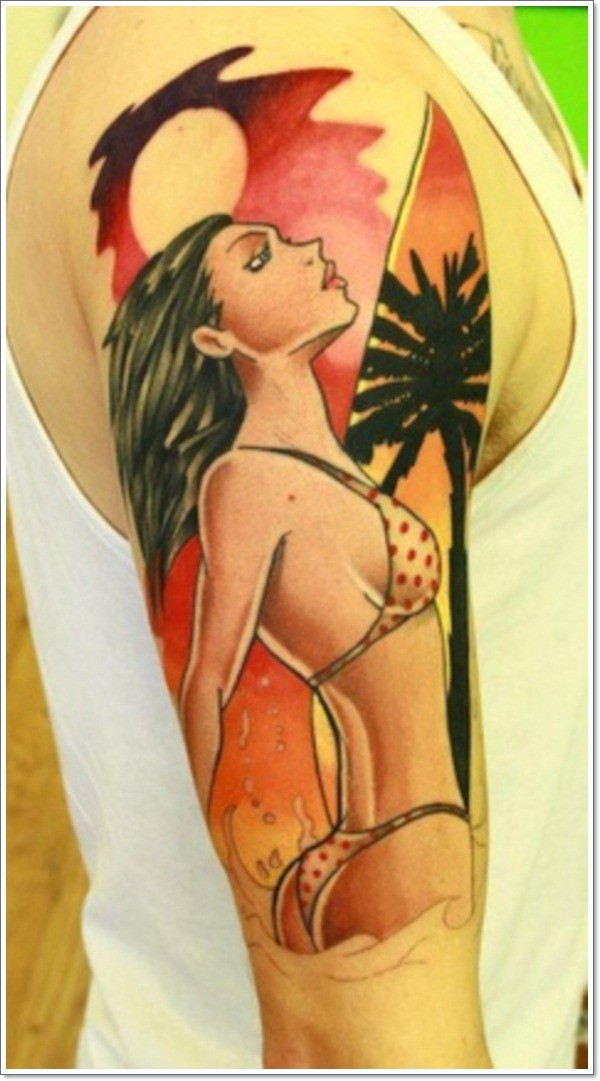 Vivid colors pin up girl in sea tattoo