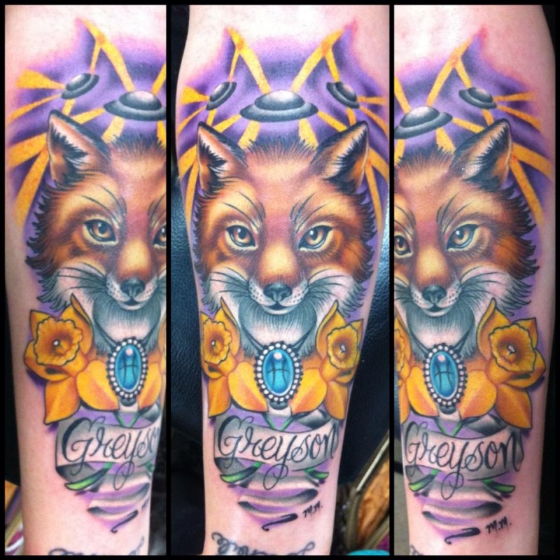 vivaci colori ritratto di volpe con nome tatuaggio da Megan Massacre