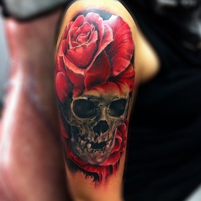 Vivid colors skull with roses tattoo