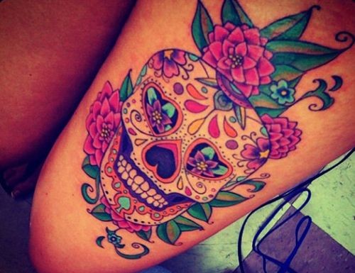 Vivid colors sugar skull with roses tattoo