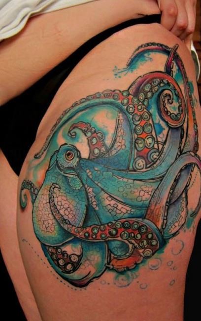 Vivid colors watercolor octopus tattoo on hip