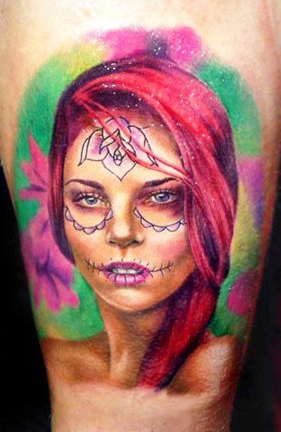 vivaci colori bella ragazza santa morte tatuaggio