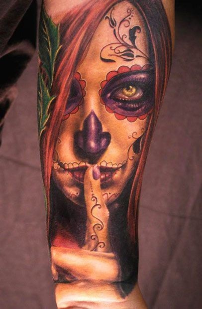 Warning santa muerte girl forearm tattoo