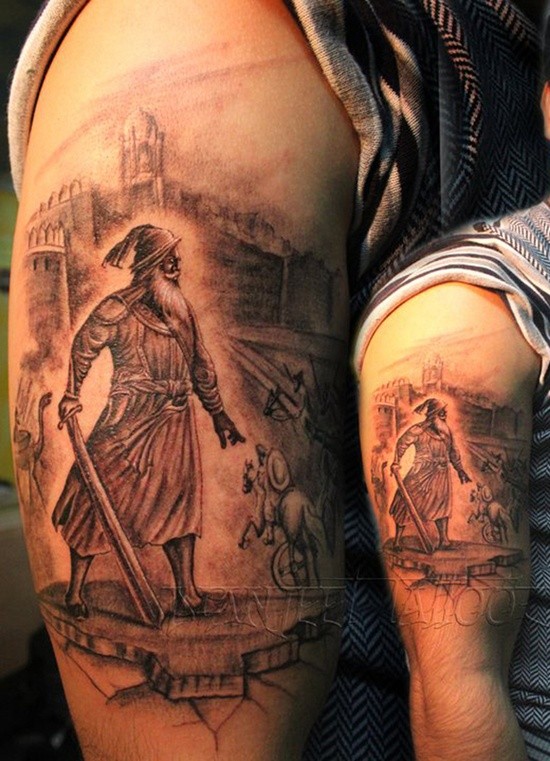 Warrior during assault on fortress tattoo on shoulder
