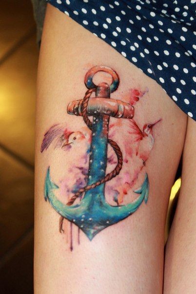 Watercolor anchor and gulls tattoo on hip