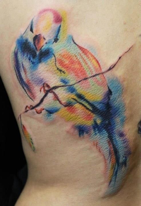 Tatuaggio pittoresco sul fianco l&quotuccello colorato