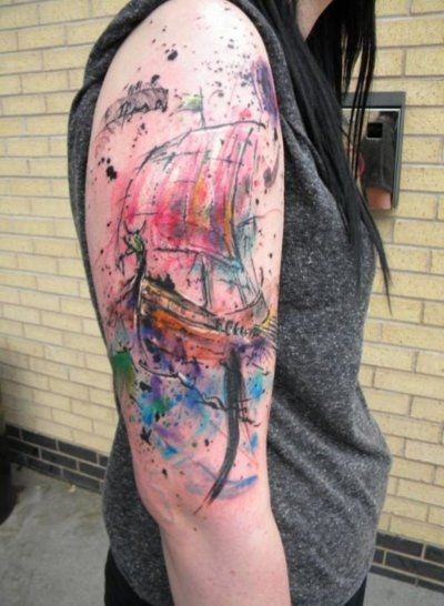 Watercolor boat of vikings tattoo on half sleeve