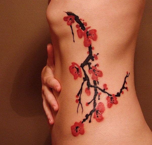 Watercolor cherry blossom tattoo in japanese style on ribs