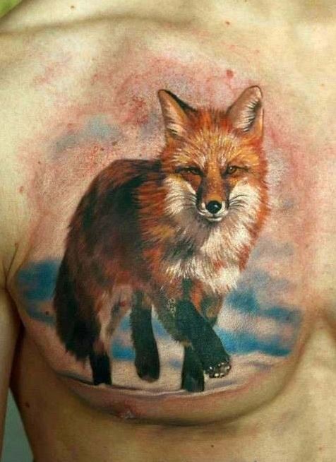 Watercolor colorful red fox tattoo on chest for men by Den Yakovlev