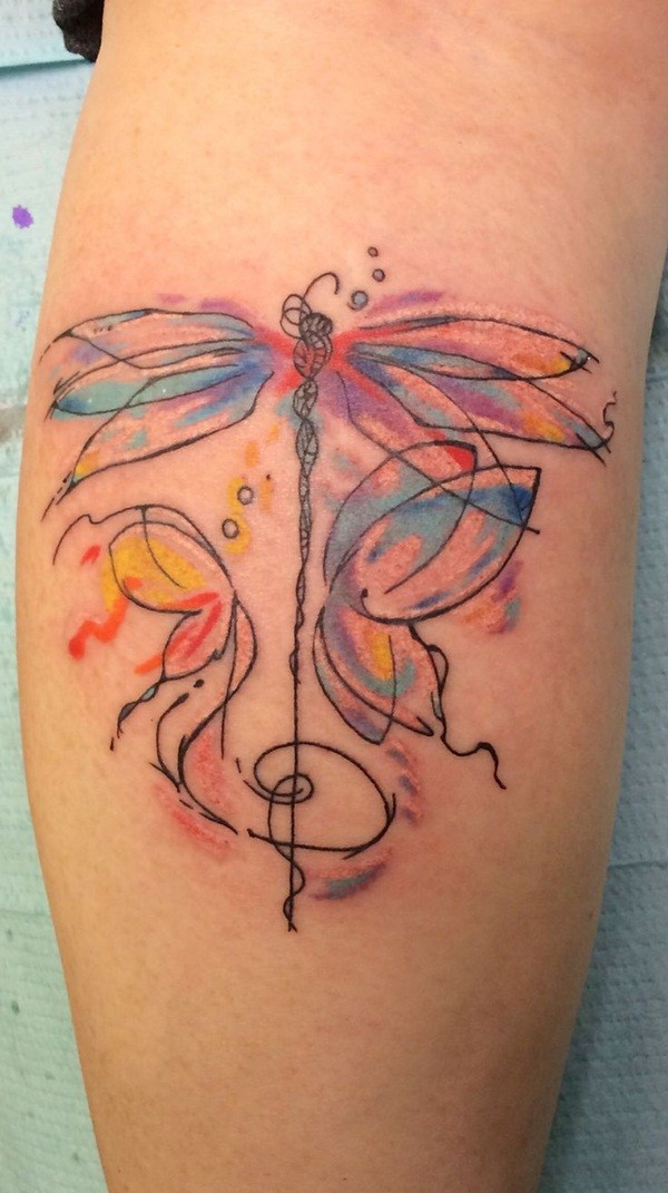 Aquarell Libelle Tattoo am Bein für Mädchen