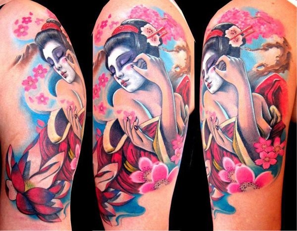 Watercolor geisha and cherry blossoms tattoo on half sleeve