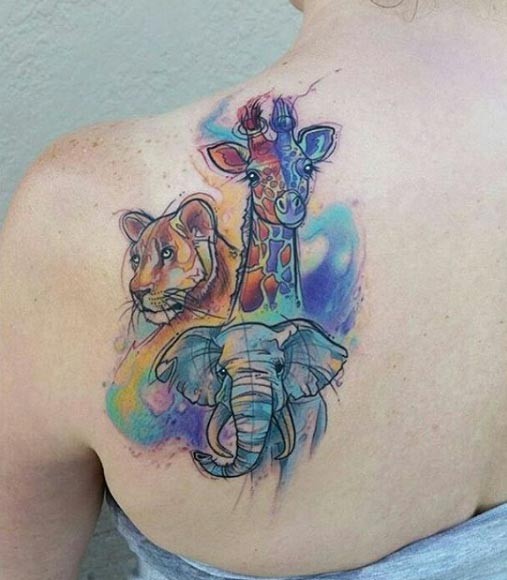 Watercolor like homemade various animals tattoo on shoulder