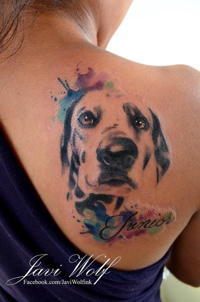 Watercolor like memorial style shoulder tattoo of dog portrait with lettering