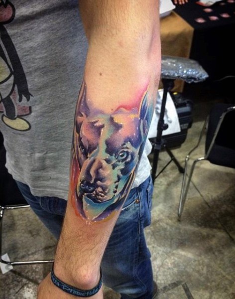 Watercolor like painted and colored little dog portrait tattoo on arm