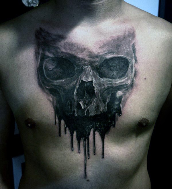 Watercolor like realism style black ink dark skull tattoo on chest