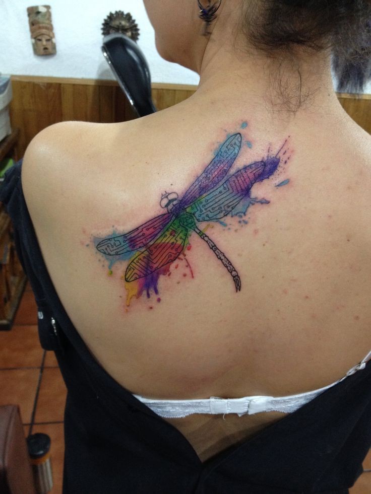 Watercolor lovely dragonfly tattoo on shoulder blade