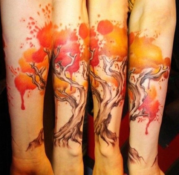 Watercolor lovely tree forearm tattoo