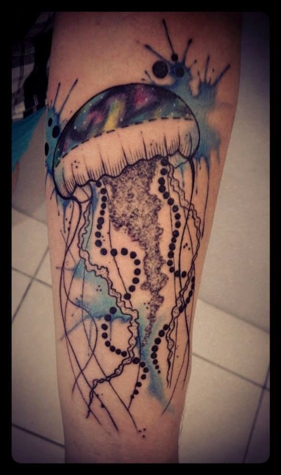 Watercolor marine jellyfish tattoo on leg for girls