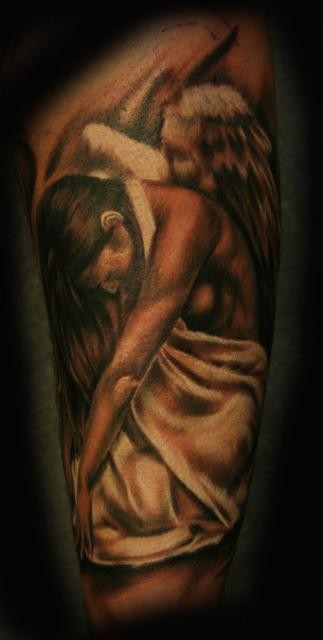 Watercolor praying angel tattoo